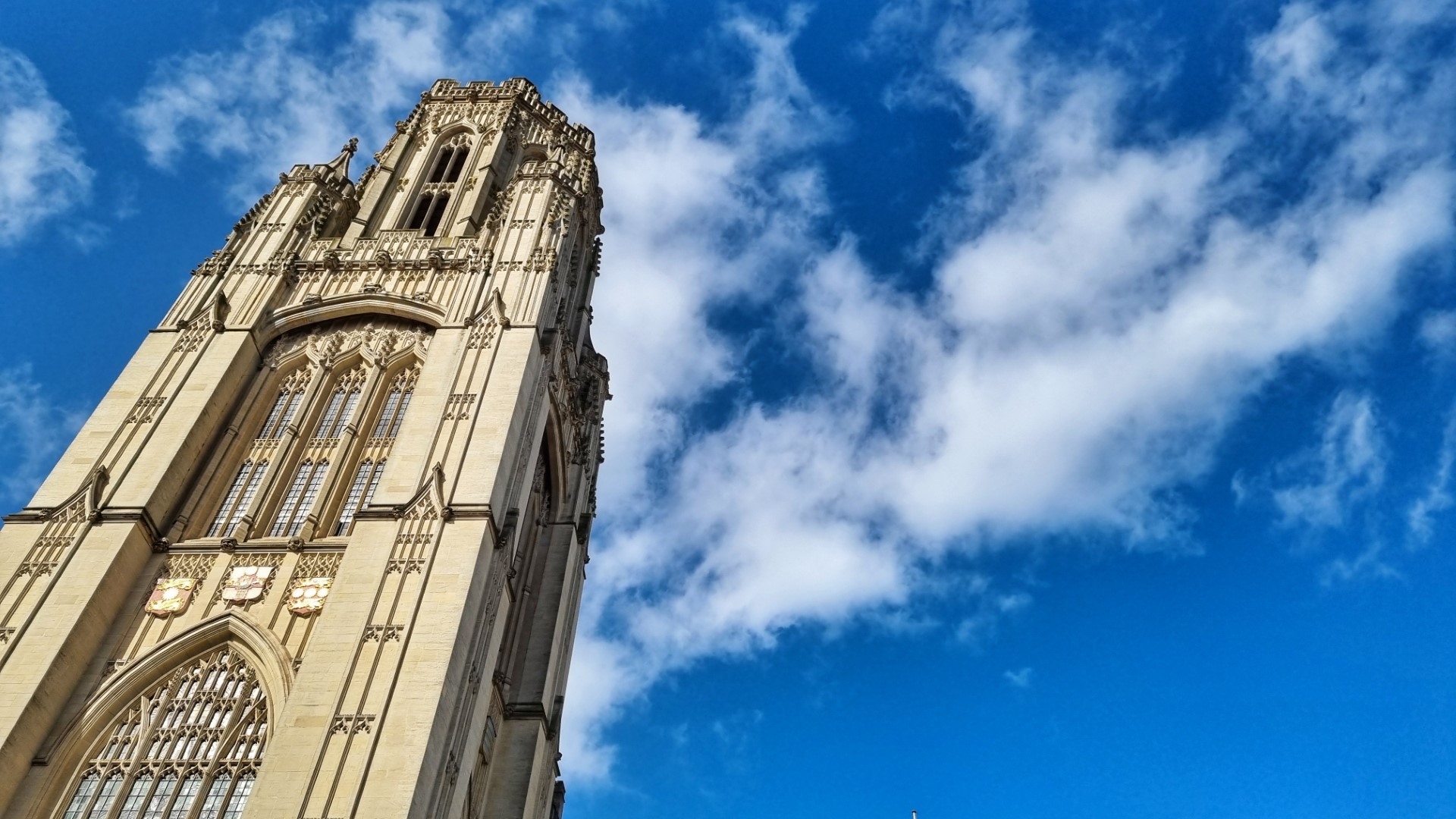 The Wills Memorial Building from below, in front of a blue sky